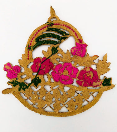 Hand Embroidered Zardozi Flower Basket Applique in Fuchsia,Dark Pink and Antique Gold with Gold Sequins